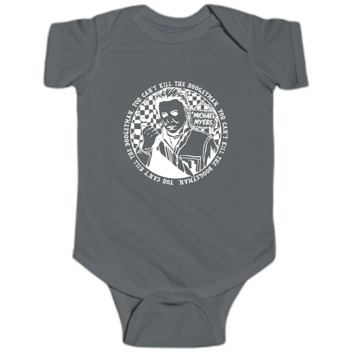 Michael Myers Boogeyman Halloween Graphic Baby Onesie in Charcoal