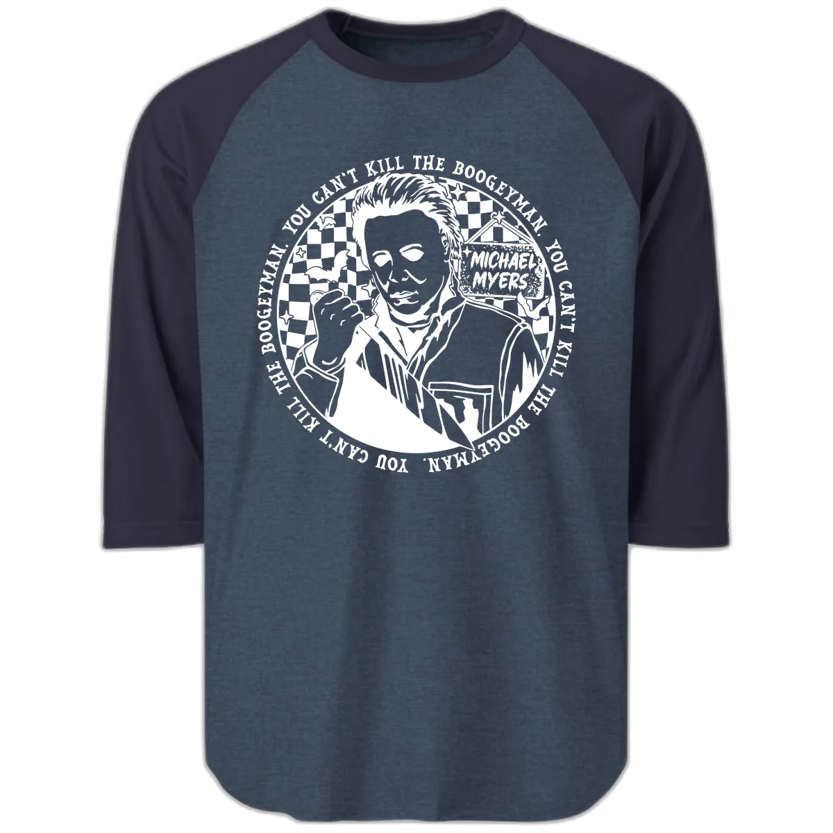 Michael Myers Boogeyman Halloween Graphic Raglan 3/4 in Heather Denim Navy