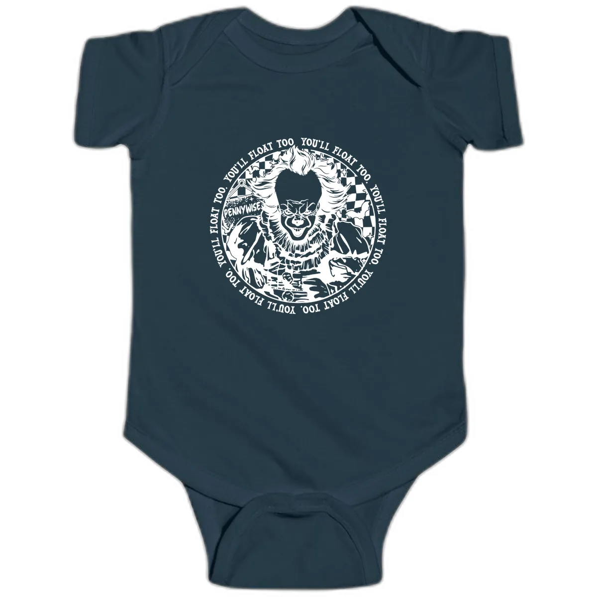 Pennywise You'll Float Too Horror Baby Onesie in Navy