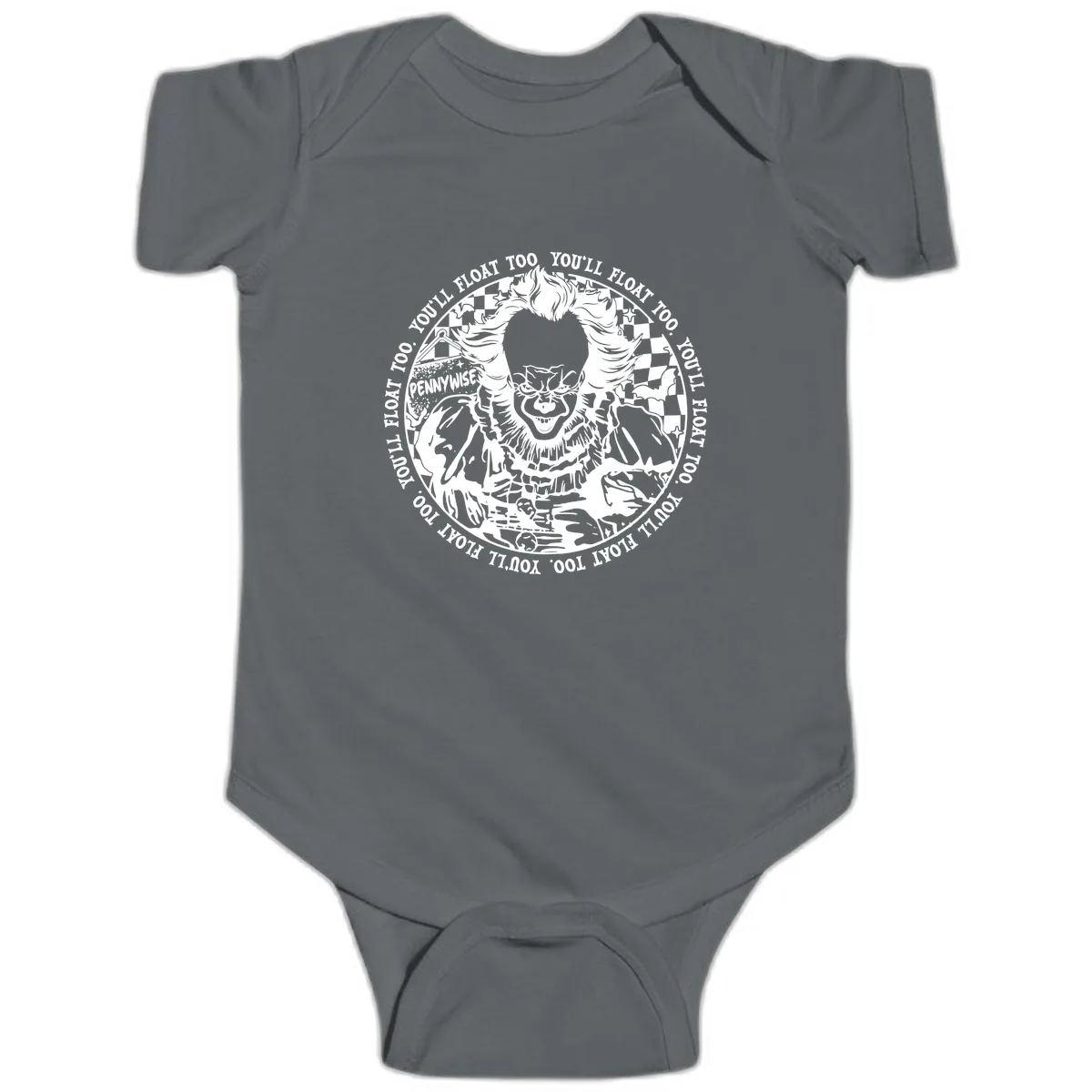 Pennywise You'll Float Too Horror Baby Onesie in Charcoal