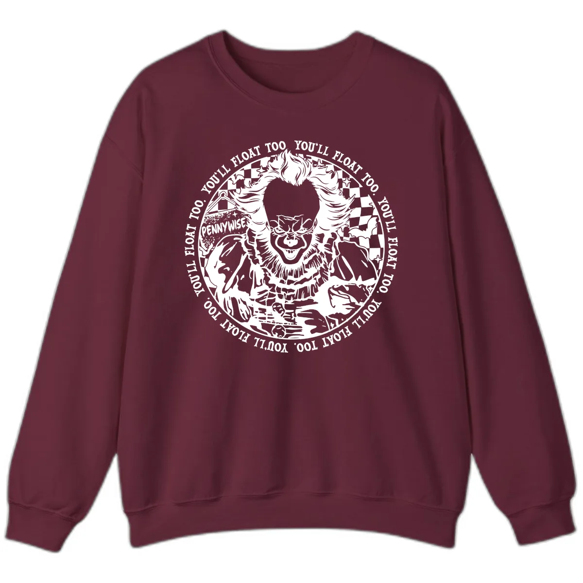Pennywise You'll Float Too Horror Sweatshirt in Maroon