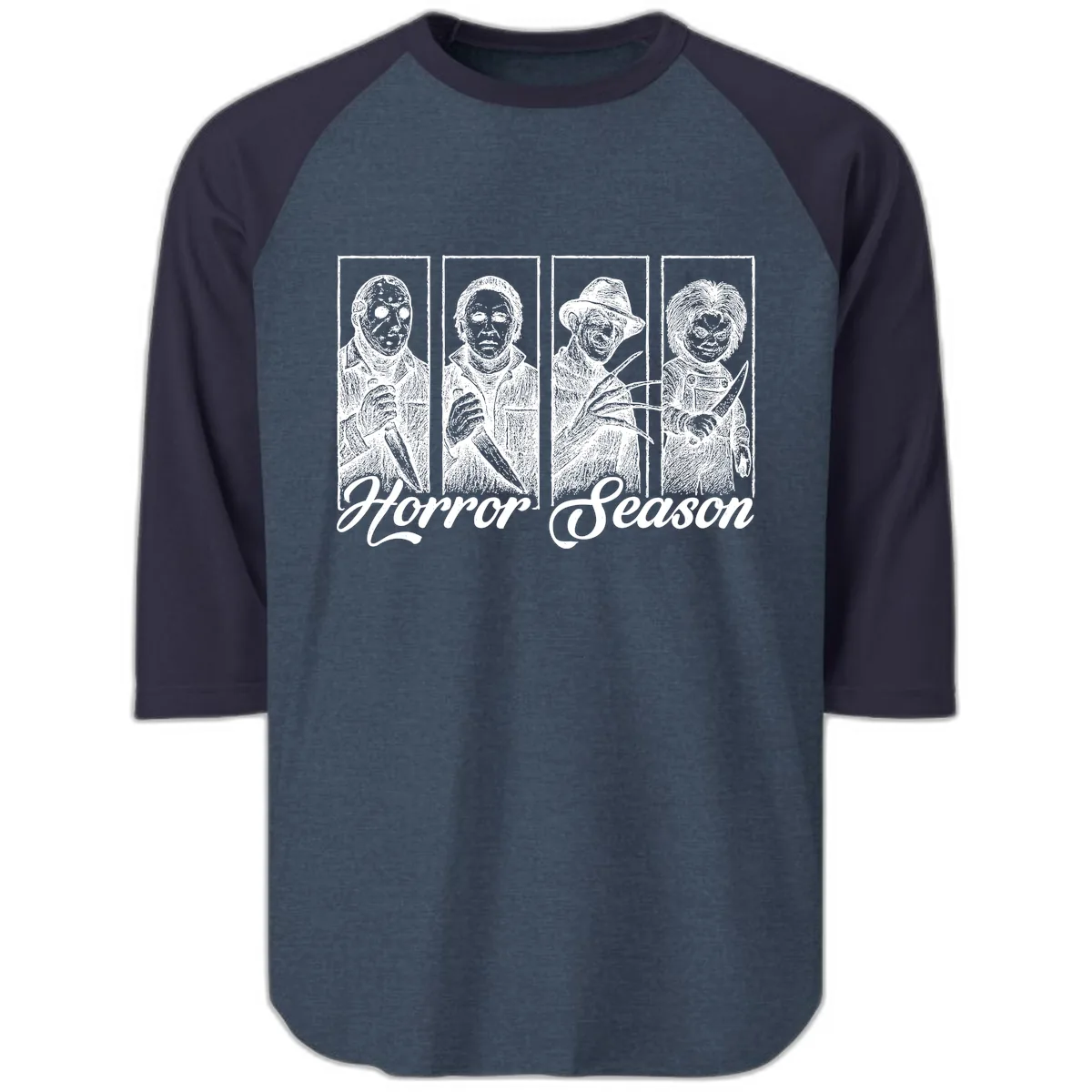 Classic Horror Characters Horror Season Raglan 3/4 in Heather Denim Navy