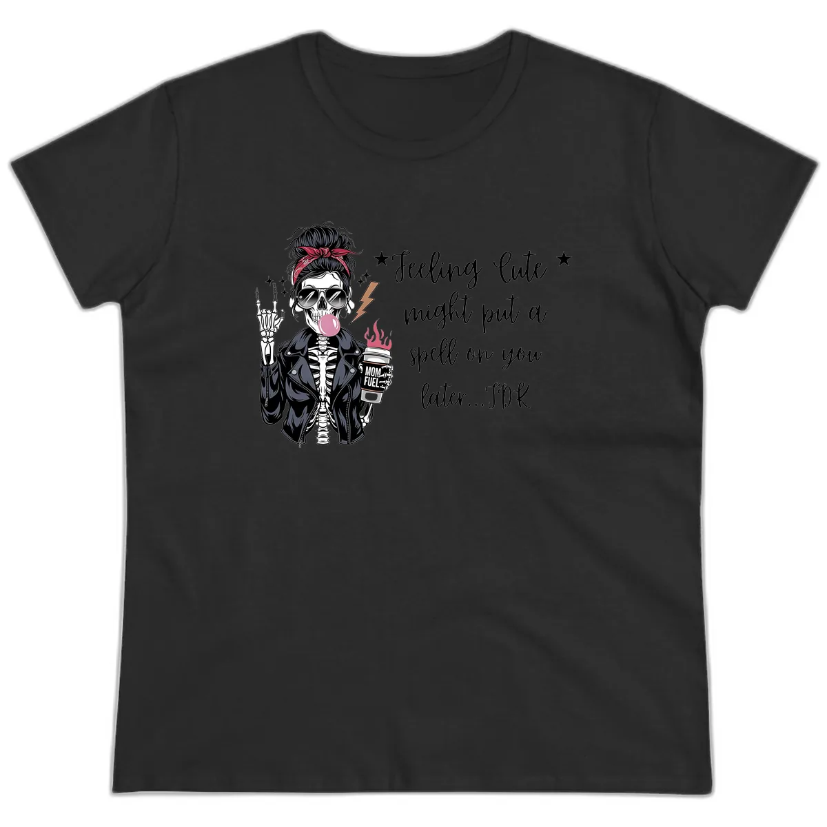 Skeleton Mom Spell Coffee Design Ladies Tee in Black