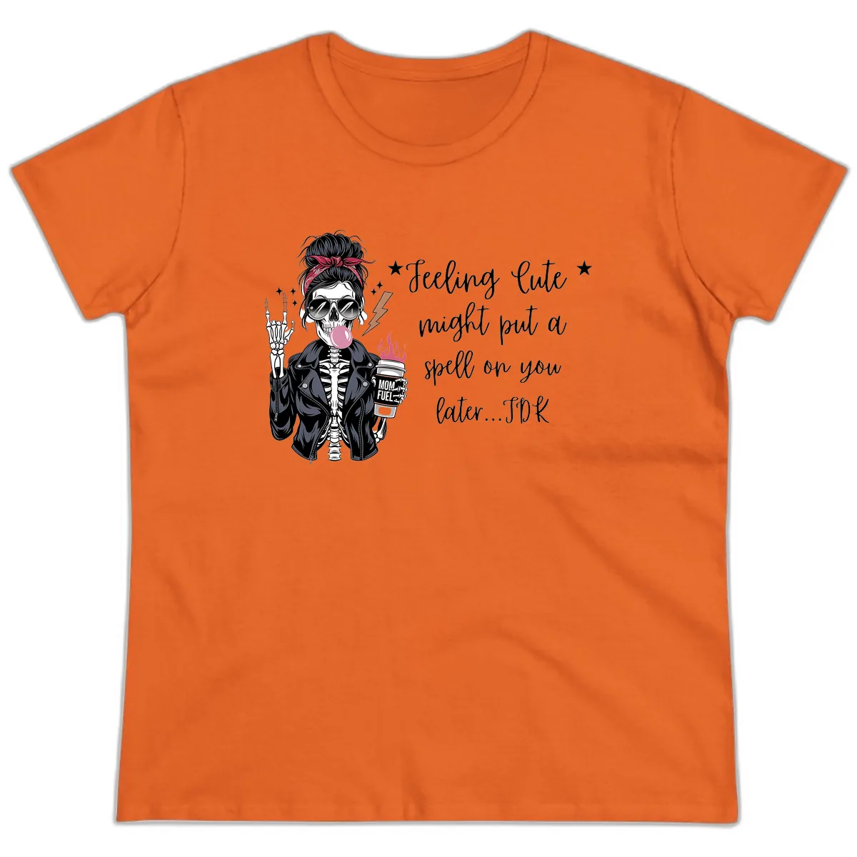 Skeleton Mom Spell Coffee Design Ladies Tee in Orange