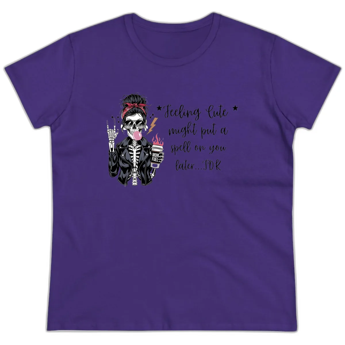 Skeleton Mom Spell Coffee Design Ladies Tee in Purple