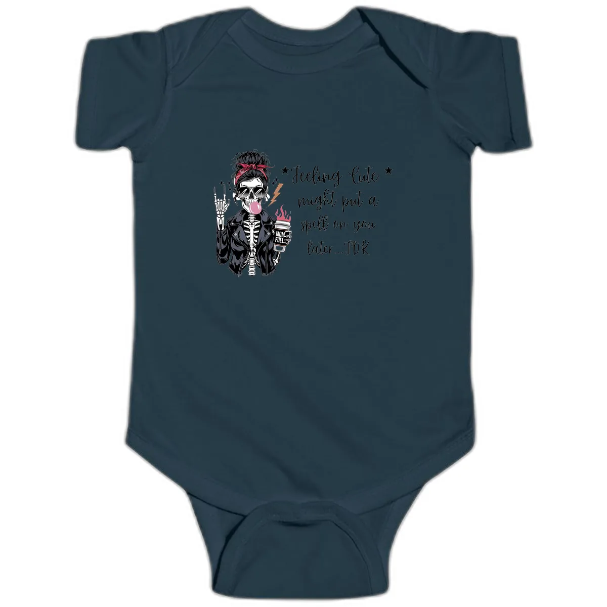 Skeleton Mom Spell Coffee Design Baby Onesie in Navy