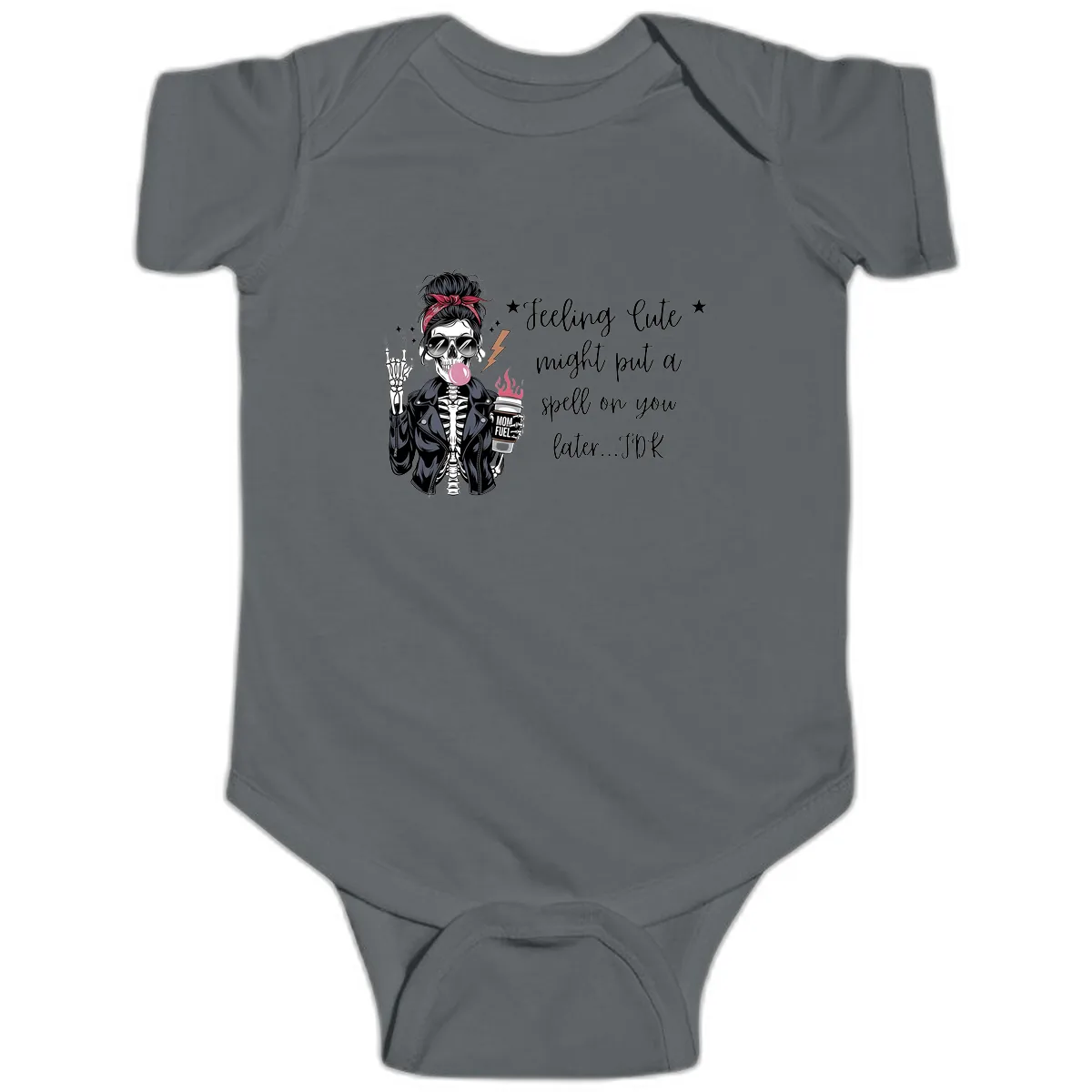 Skeleton Mom Spell Coffee Design Baby Onesie in Charcoal