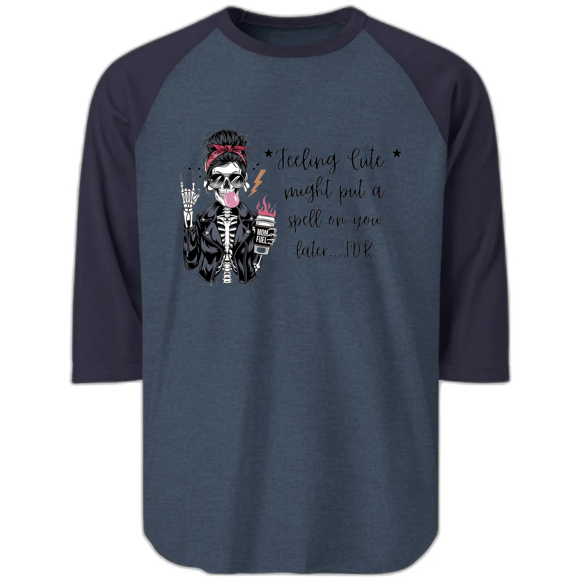 Skeleton Mom Spell Coffee Design Raglan 3/4 in Heather Denim Navy