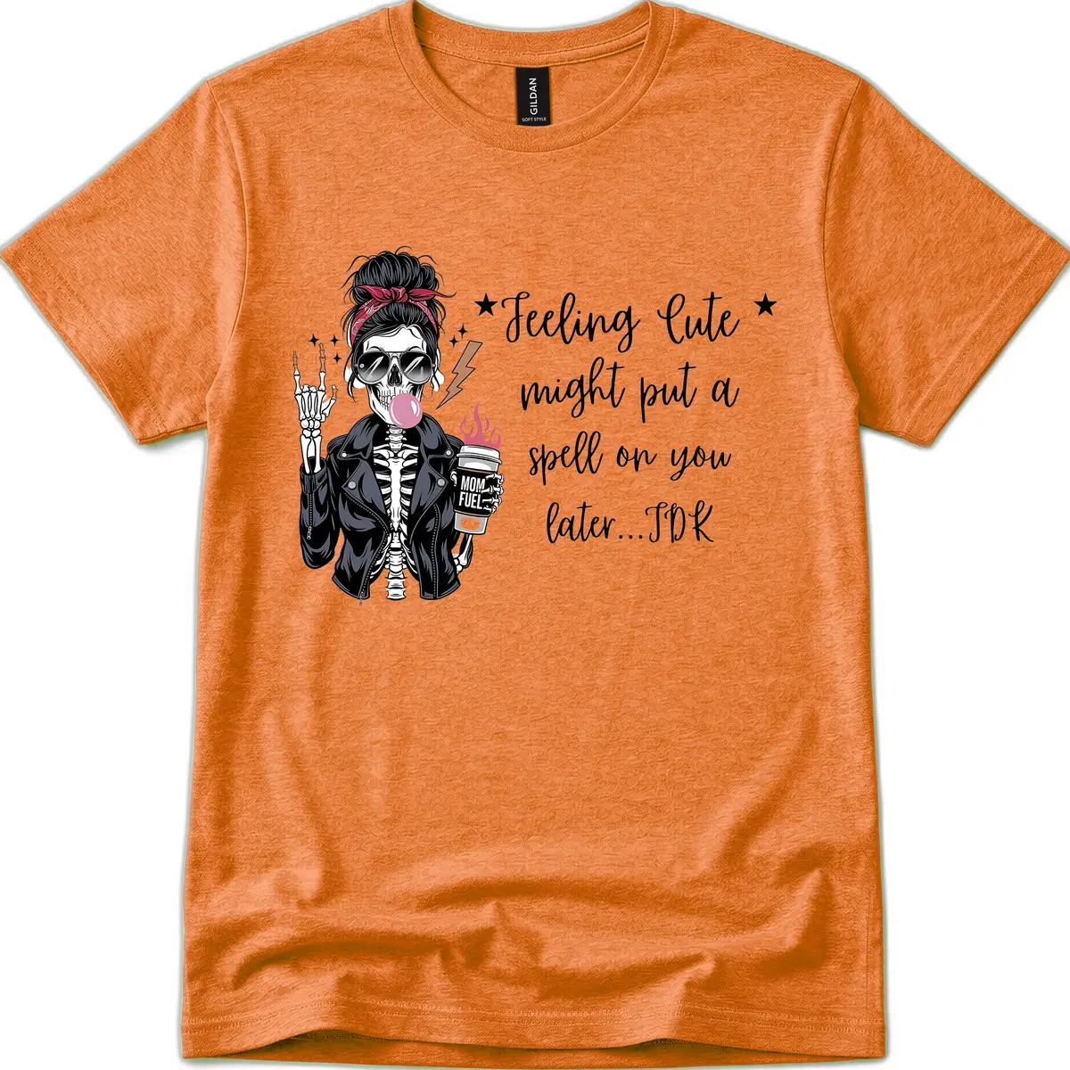 Skeleton Mom Spell Coffee Design T-Shirt in Heather Orange