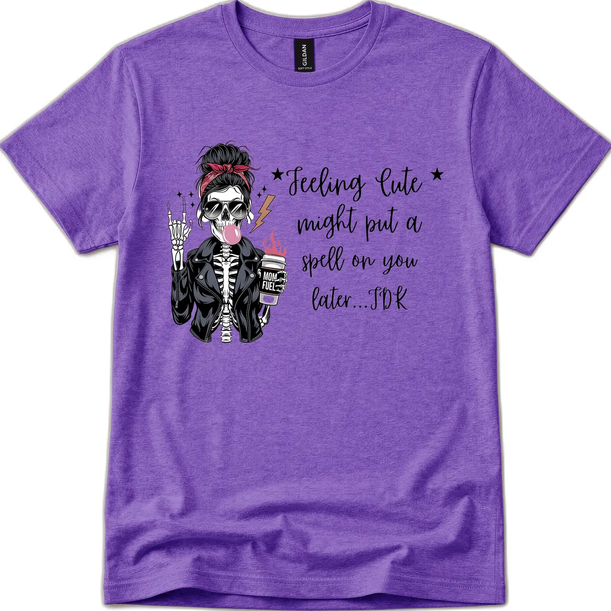 Skeleton Mom Spell Coffee Design T-Shirt in Heather Purple