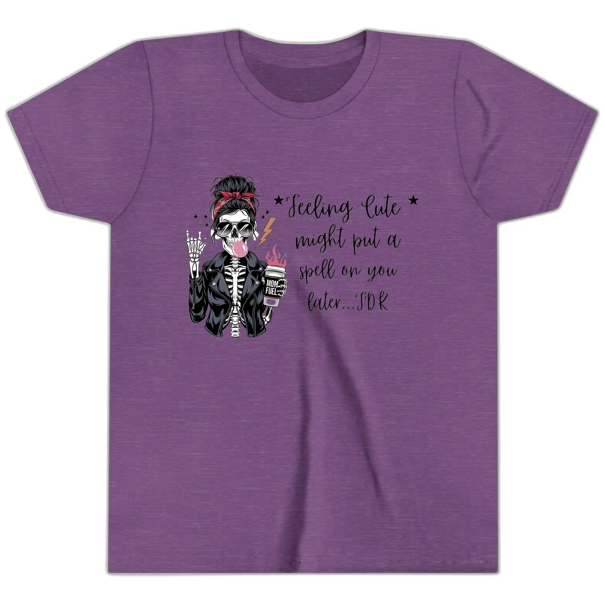 Skeleton Mom Spell Coffee Design Youth T-Shirt in Heather Team Purple