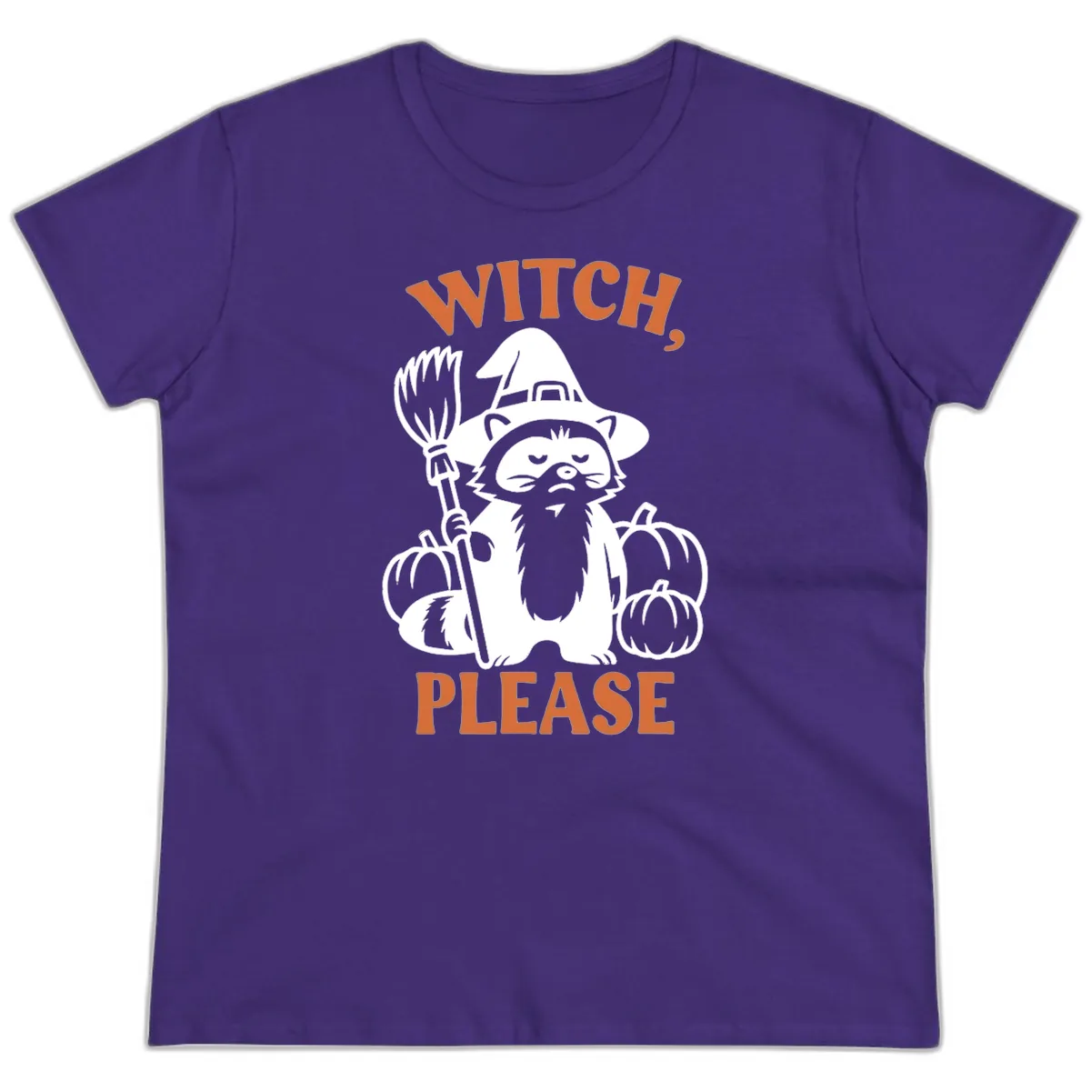 Witch, Please Raccoon Halloween Ladies Tee in Purple