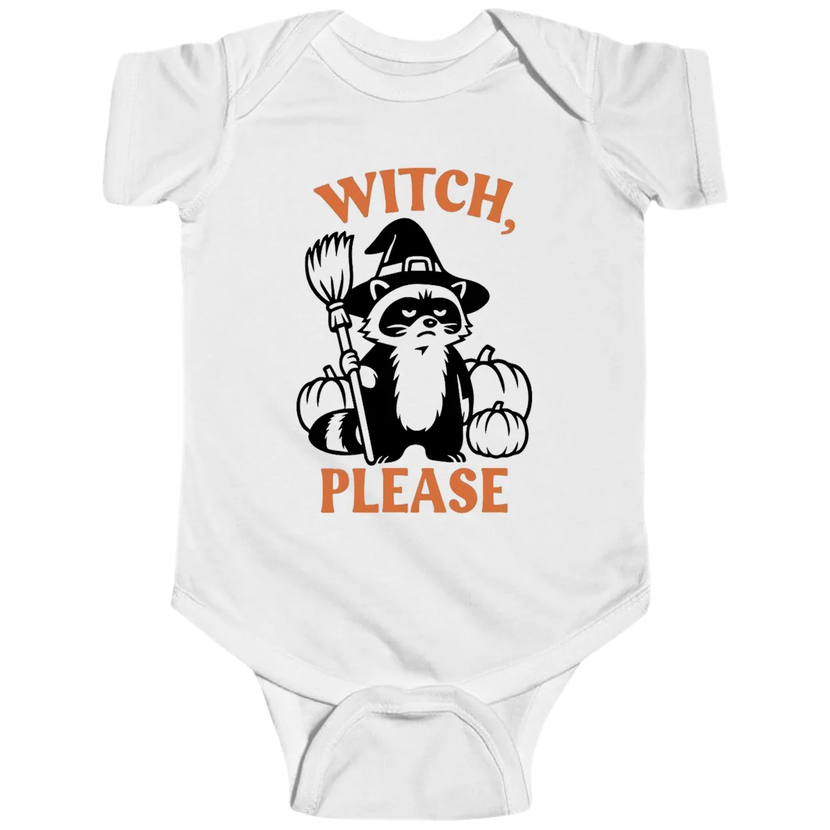 Witch, Please Raccoon Halloween Baby Onesie in White