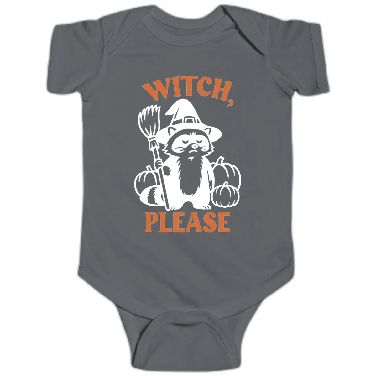 Witch, Please Raccoon Halloween Baby Onesie in Charcoal