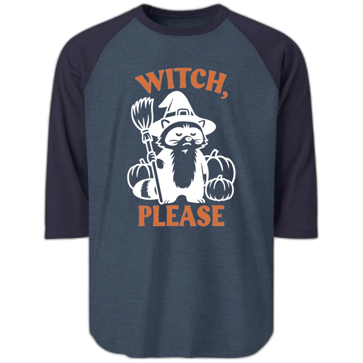 Witch, Please Raccoon Halloween Raglan 3/4 in Heather Denim Navy