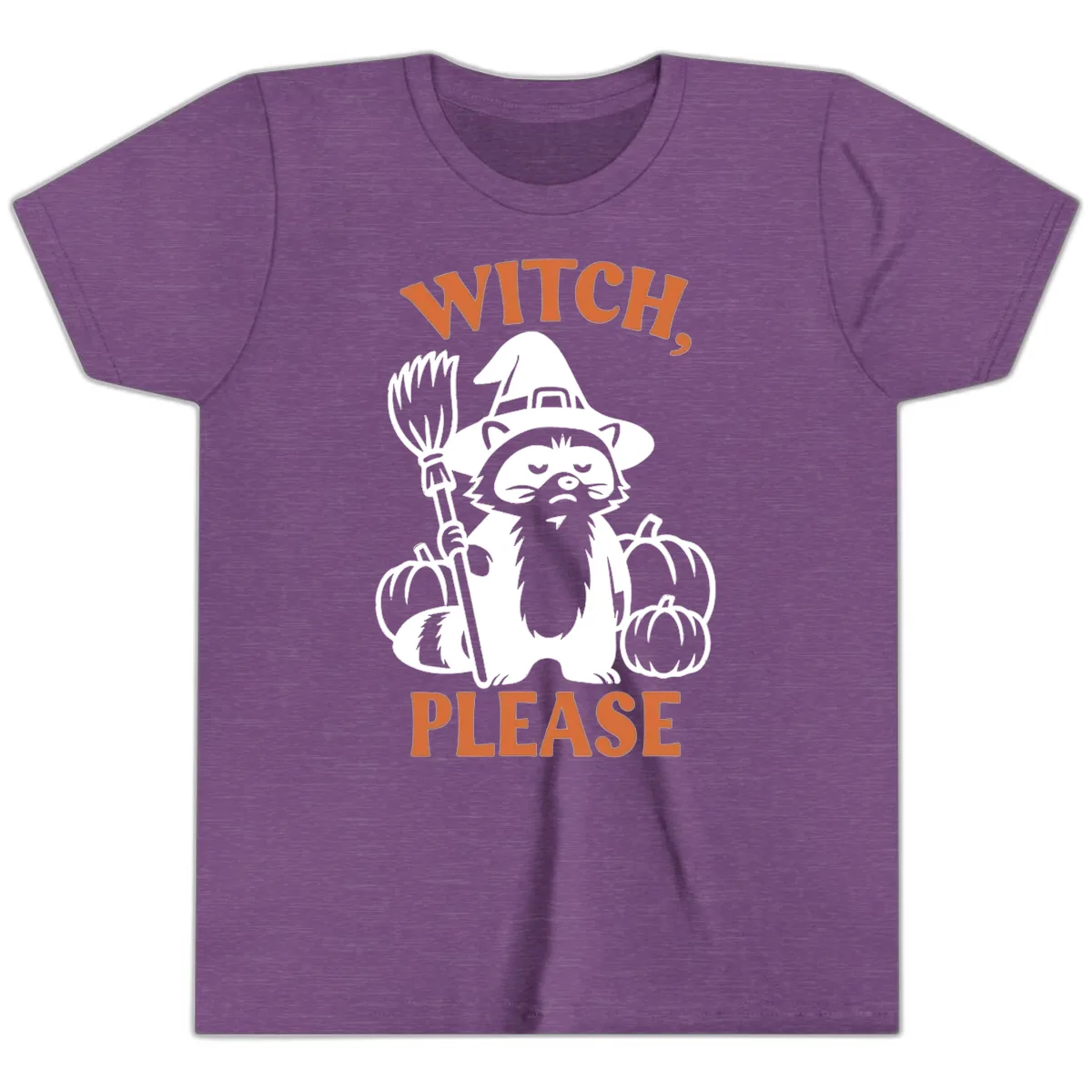 Witch, Please Raccoon Halloween Youth T-Shirt in Heather Team Purple