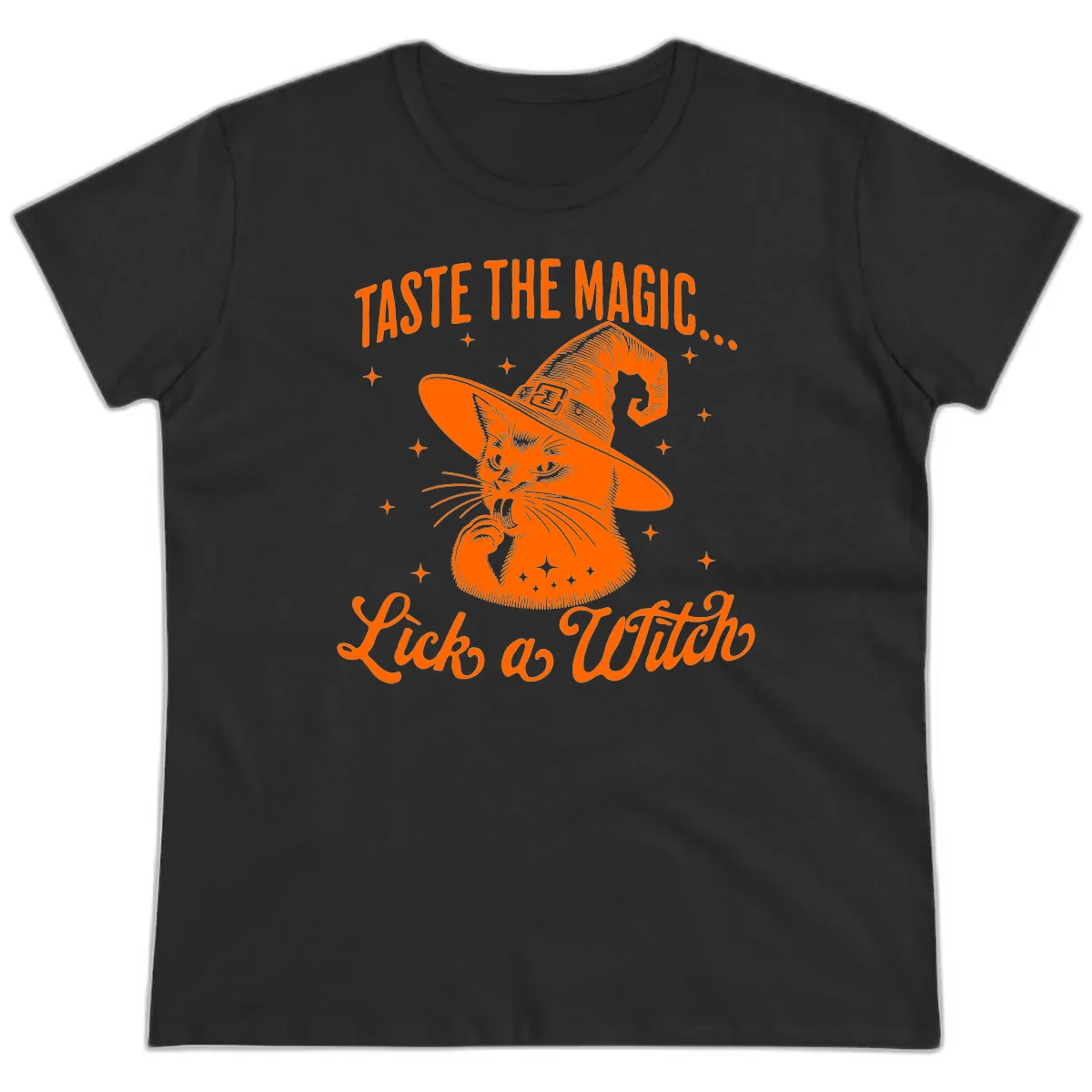 Taste The Magic Witch Cat Halloween Ladies Tee in Black