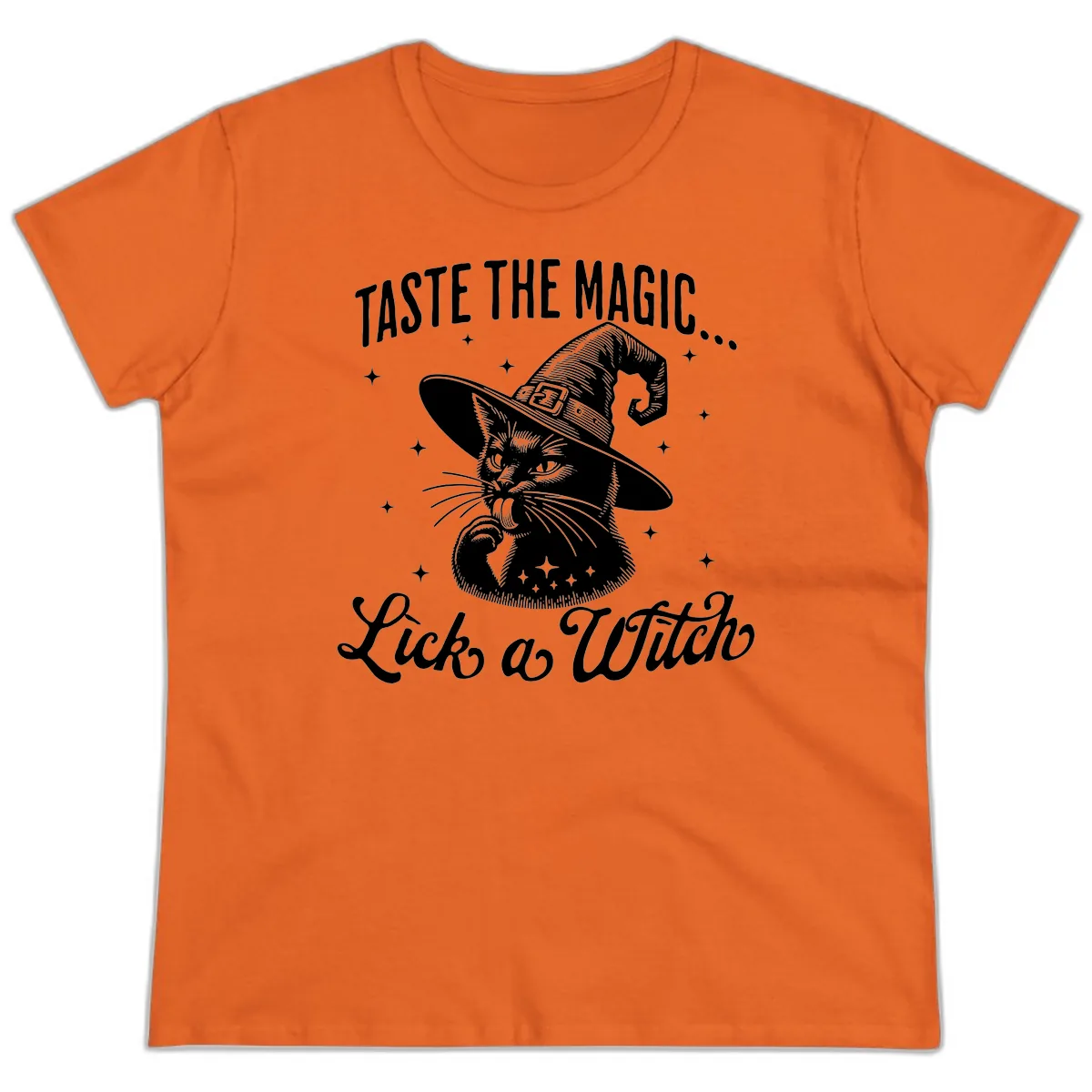 Taste The Magic Witch Cat Halloween Ladies Tee in Orange