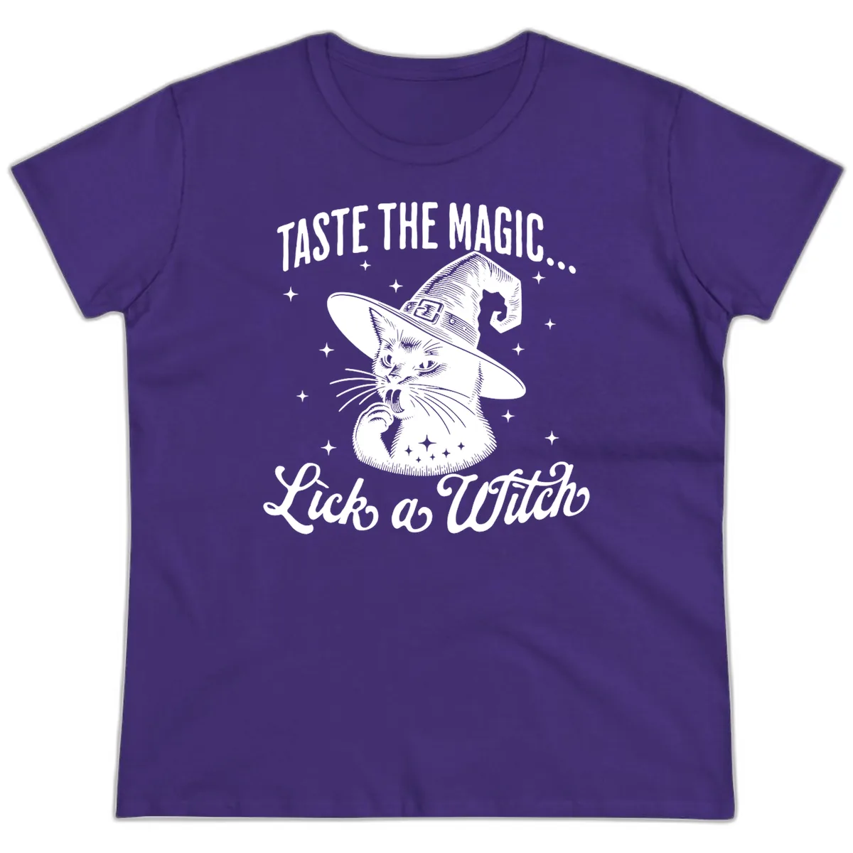 Taste The Magic Witch Cat Halloween Ladies Tee in Purple
