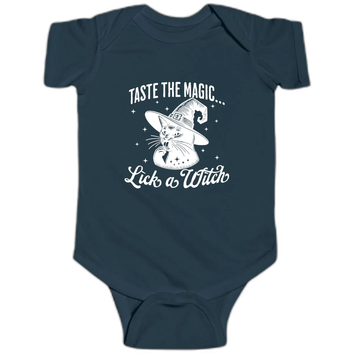 Taste The Magic Witch Cat Halloween Baby Onesie in Navy