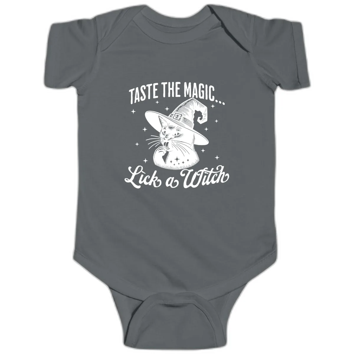 Taste The Magic Witch Cat Halloween Baby Onesie in Charcoal