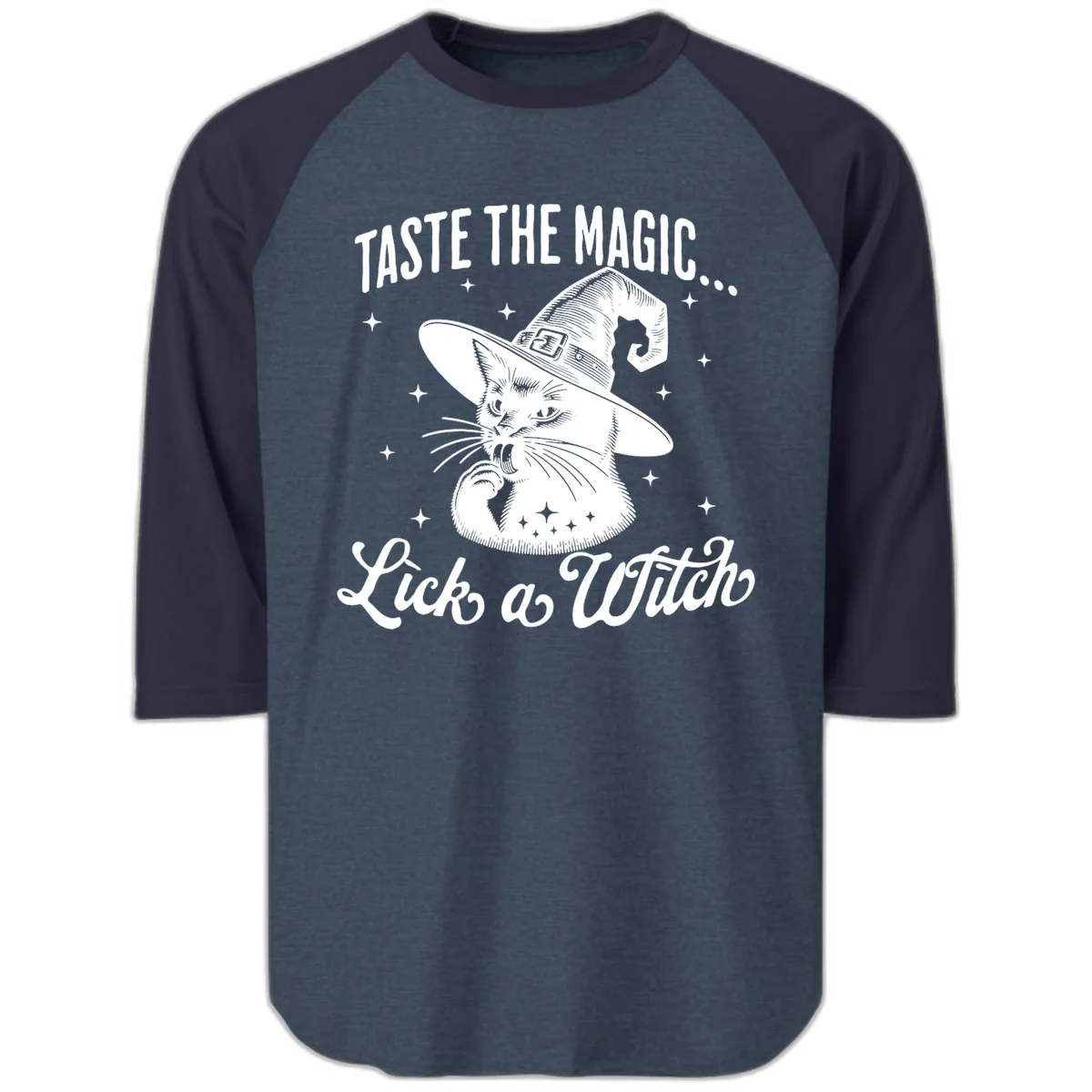 Taste The Magic Witch Cat Halloween Raglan 3/4 in Heather Denim Navy