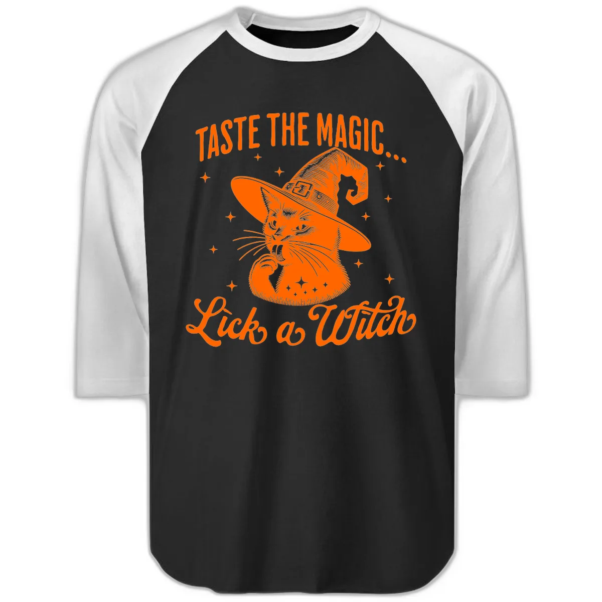 Taste The Magic Witch Cat Halloween Raglan 3/4 in Black White