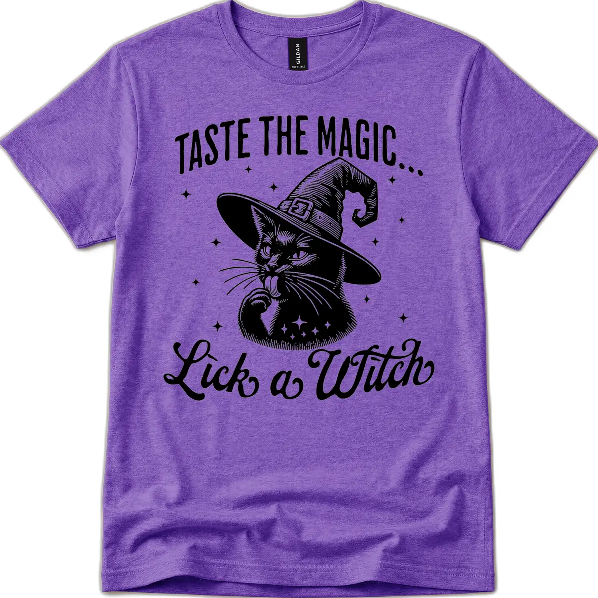 Taste The Magic Witch Cat Halloween T-Shirt in Heather Purple