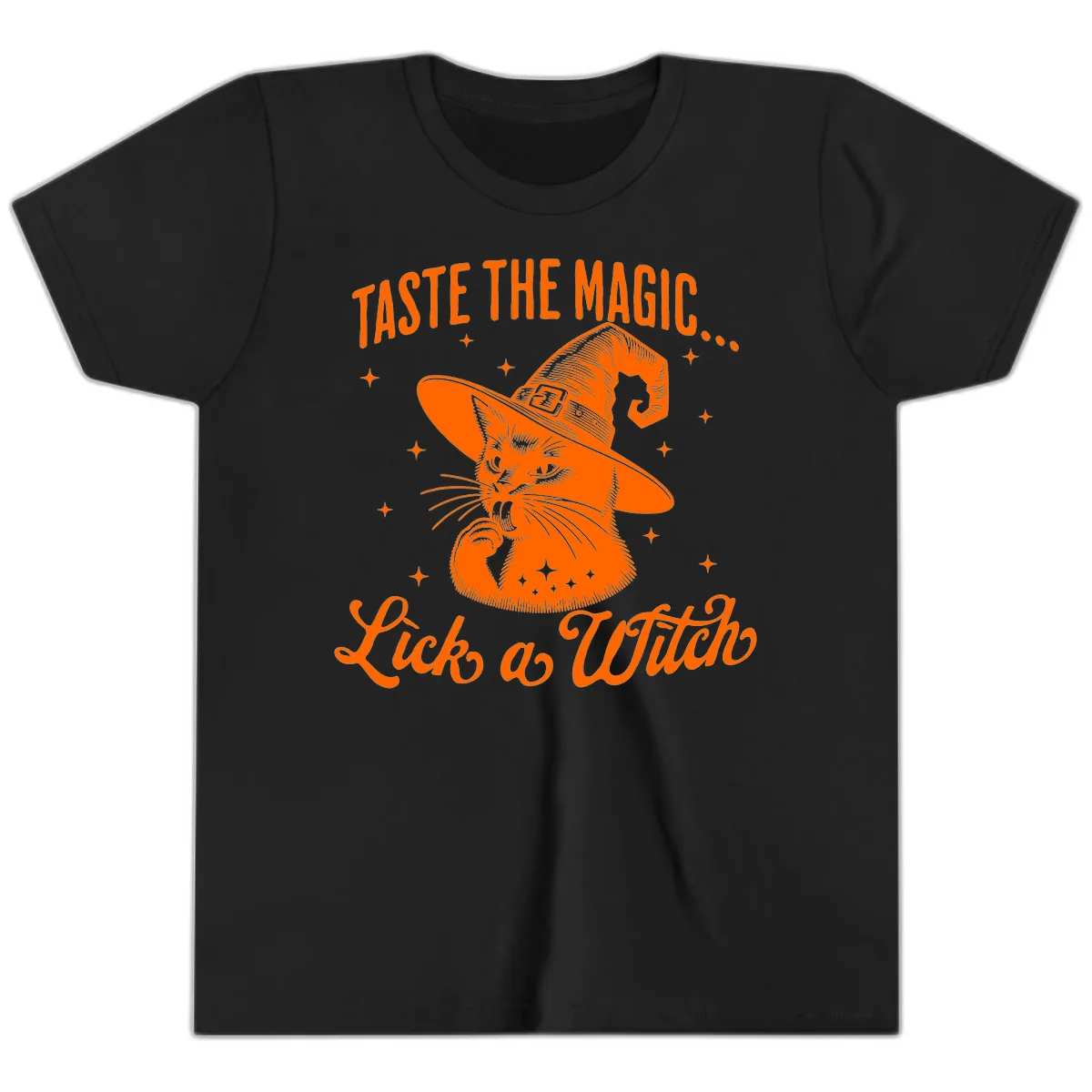 Taste The Magic Witch Cat Halloween Youth T-Shirt in Black