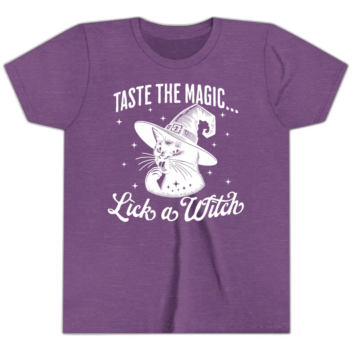 Taste The Magic Witch Cat Halloween Youth T-Shirt in Heather Team Purple