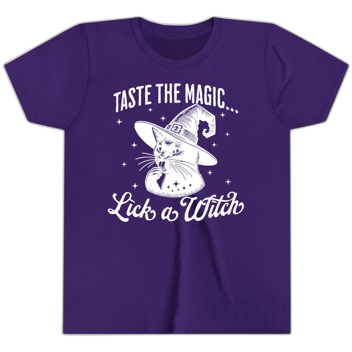 Taste The Magic Witch Cat Halloween Youth T-Shirt in Team Purple