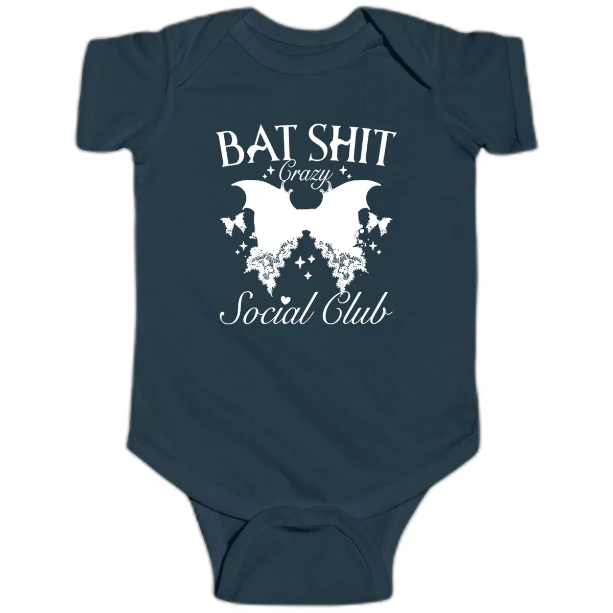 Bat Shit Crazy Social Club Baby Onesie in Navy