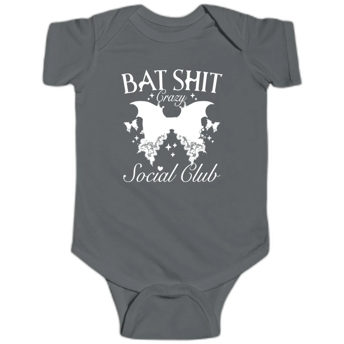 Bat Shit Crazy Social Club Baby Onesie in Charcoal