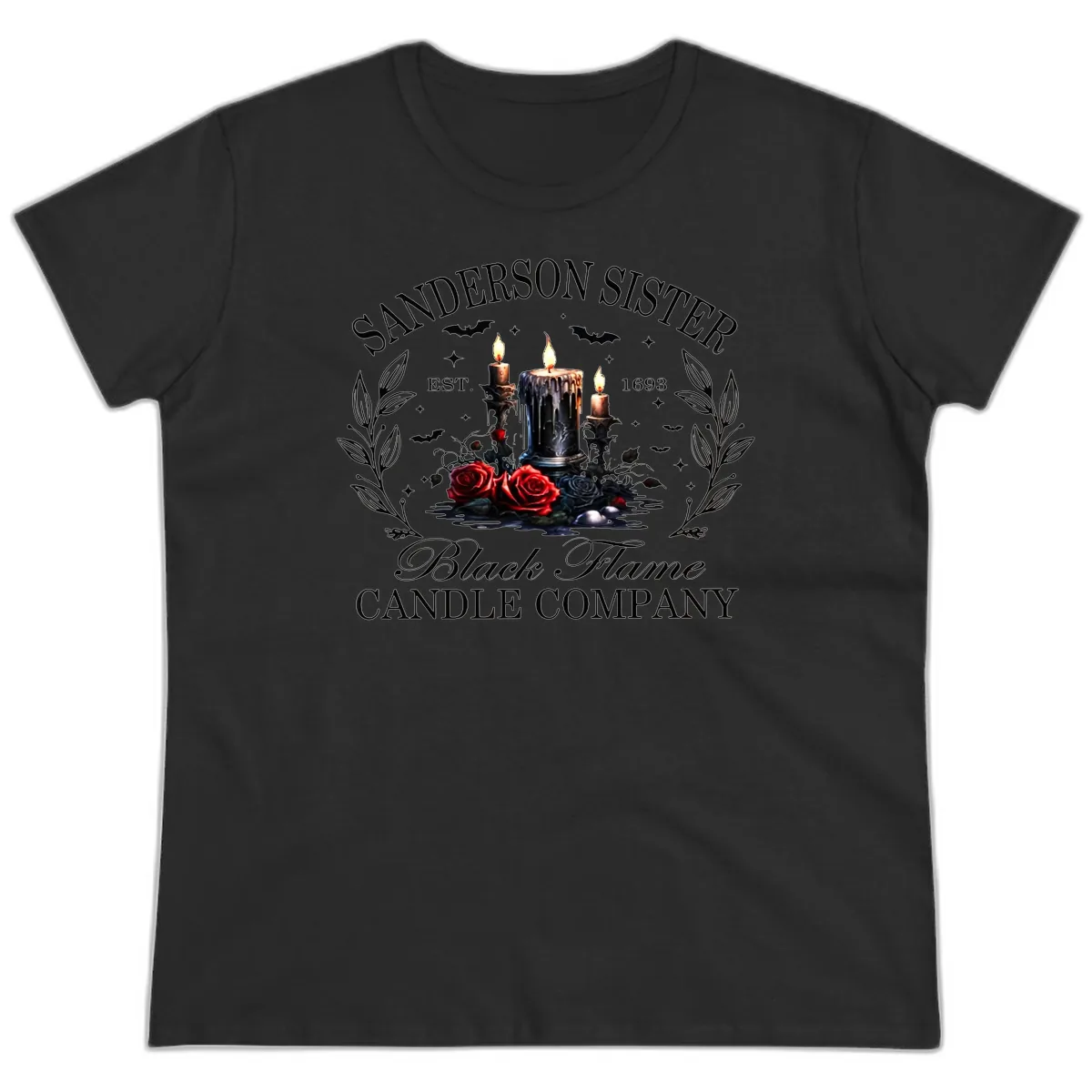 Sanderson Sister Black Flame Candle Ladies Tee in Black