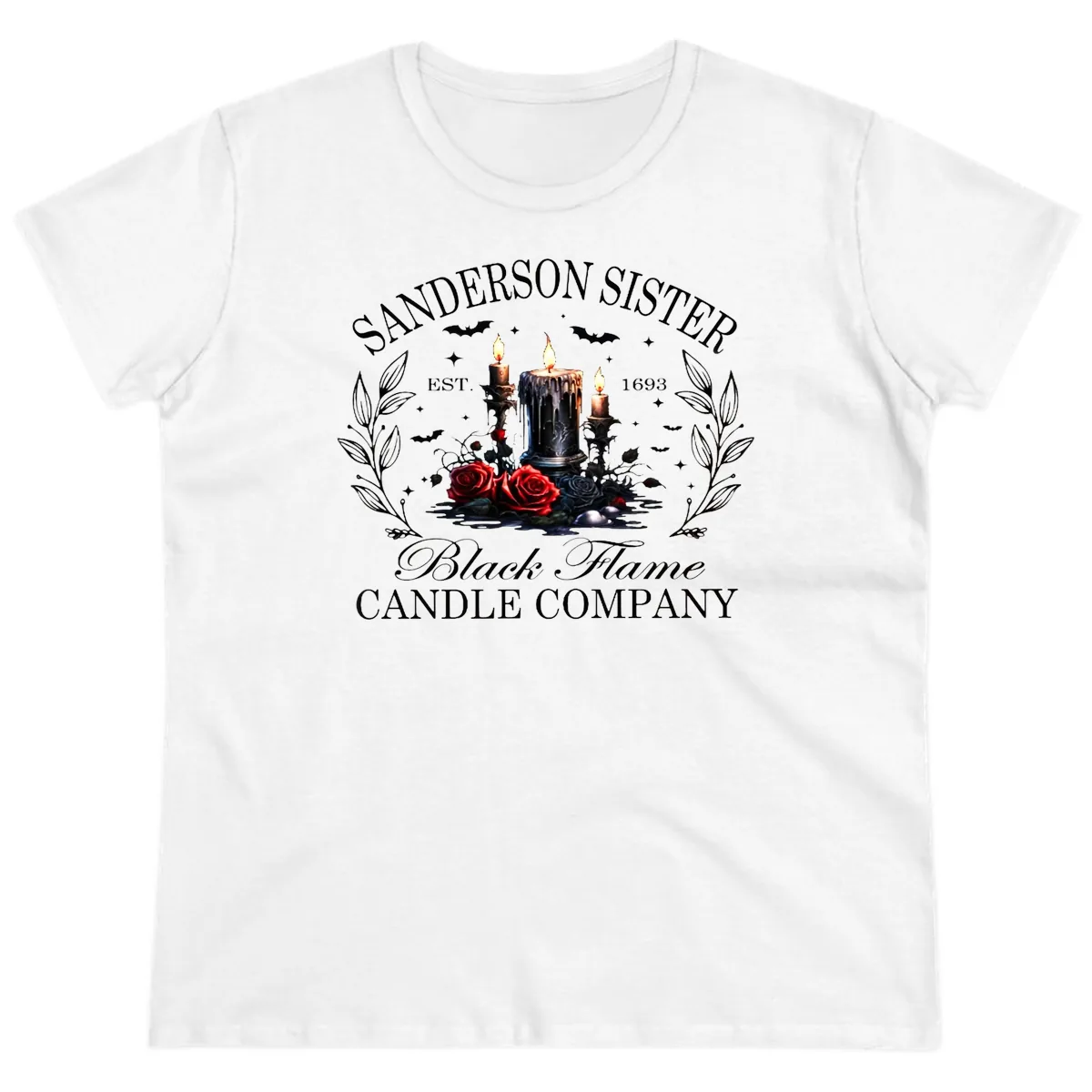 Sanderson Sister Black Flame Candle Ladies Tee in White