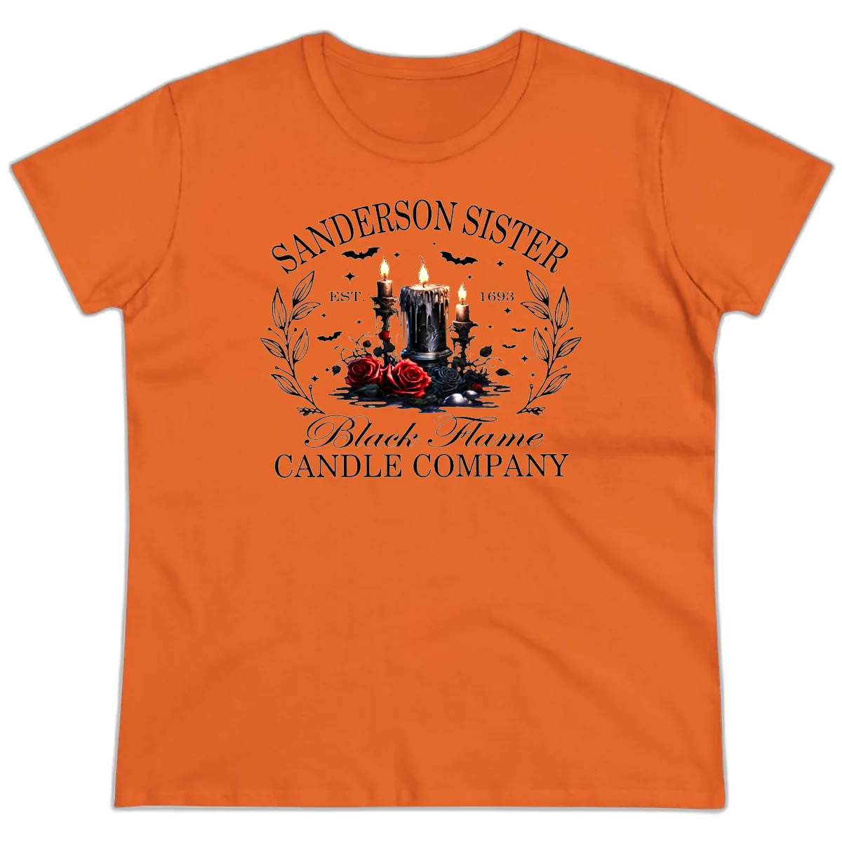 Sanderson Sister Black Flame Candle Ladies Tee in Orange
