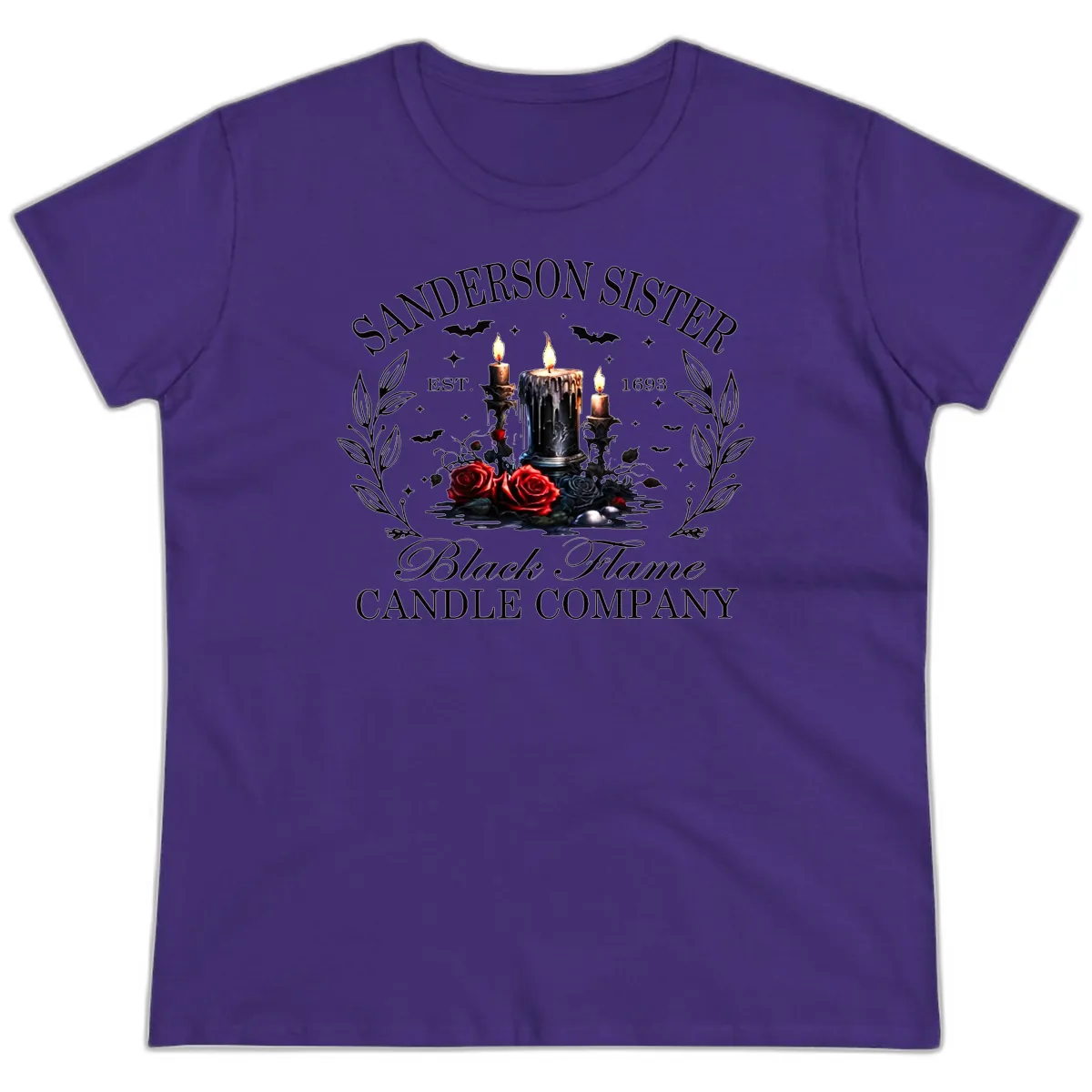 Sanderson Sister Black Flame Candle Ladies Tee in Purple
