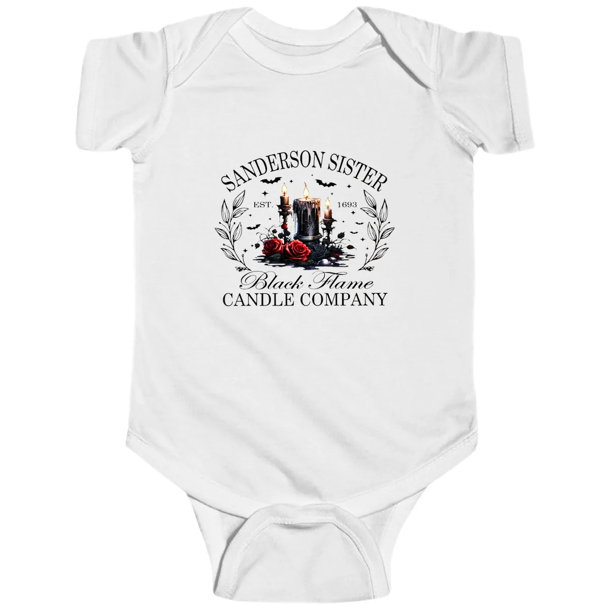 Sanderson Sister Black Flame Candle Baby Onesie in White
