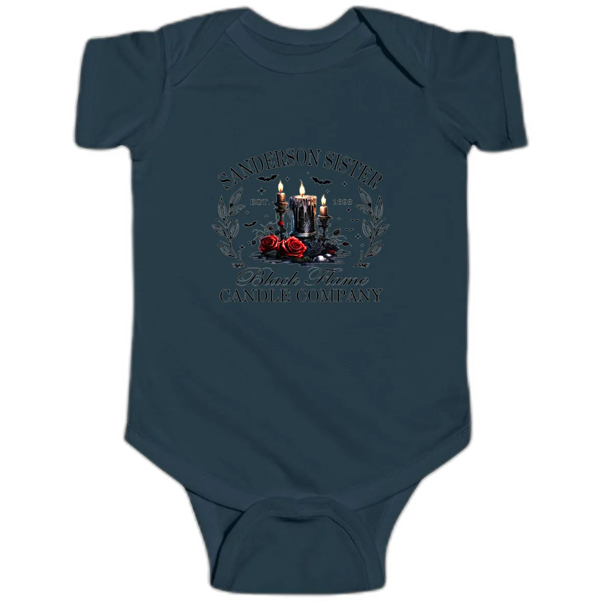 Sanderson Sister Black Flame Candle Baby Onesie in Navy