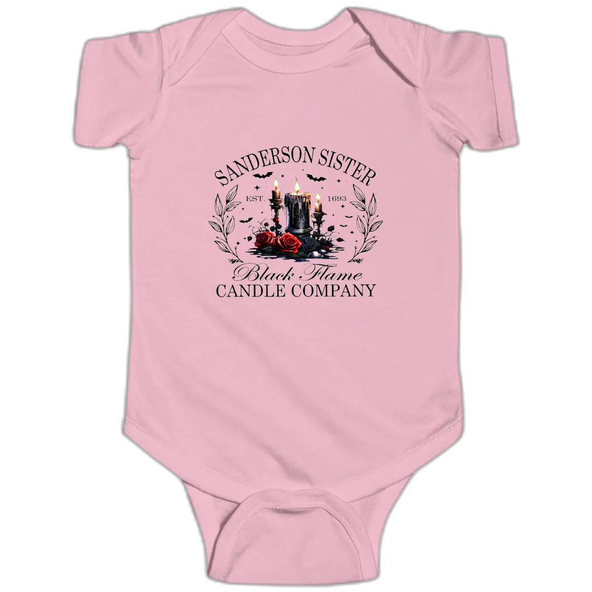 Sanderson Sister Black Flame Candle Baby Onesie in Pink