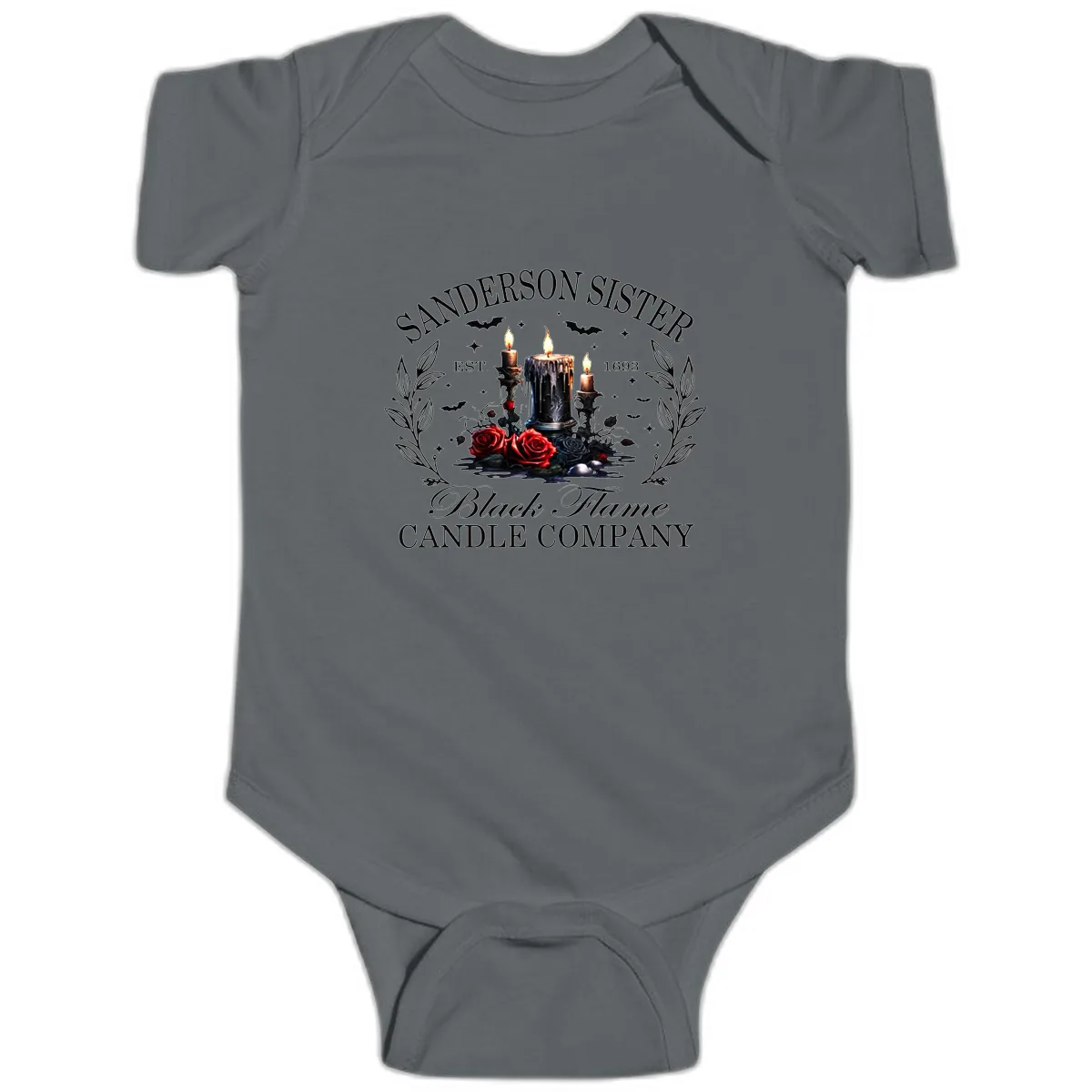 Sanderson Sister Black Flame Candle Baby Onesie in Charcoal
