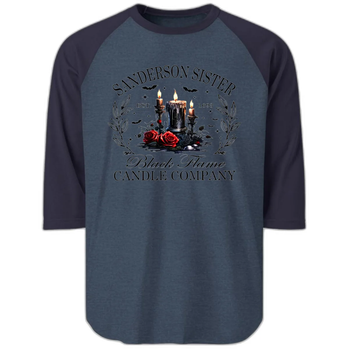 Sanderson Sister Black Flame Candle Raglan 3/4 in Heather Denim Navy