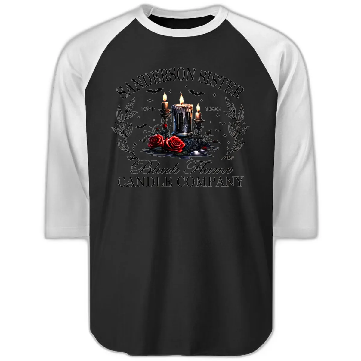Sanderson Sister Black Flame Candle Raglan 3/4 in Black White