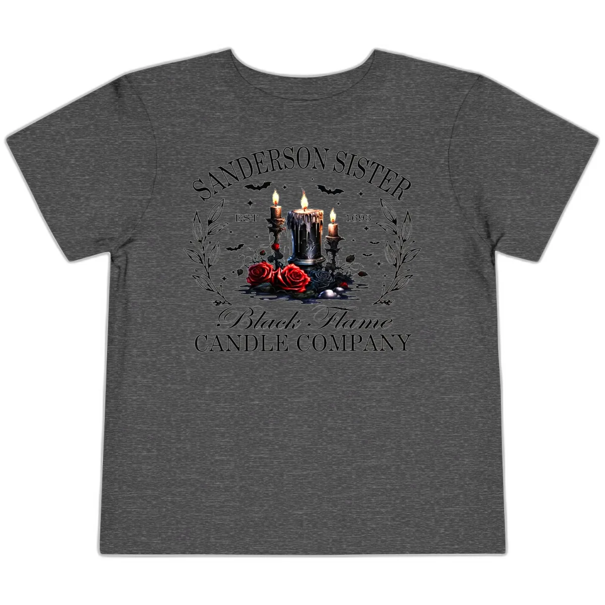 Sanderson Sister Black Flame Candle Toddler T-Shirt in Dark Heather Grey