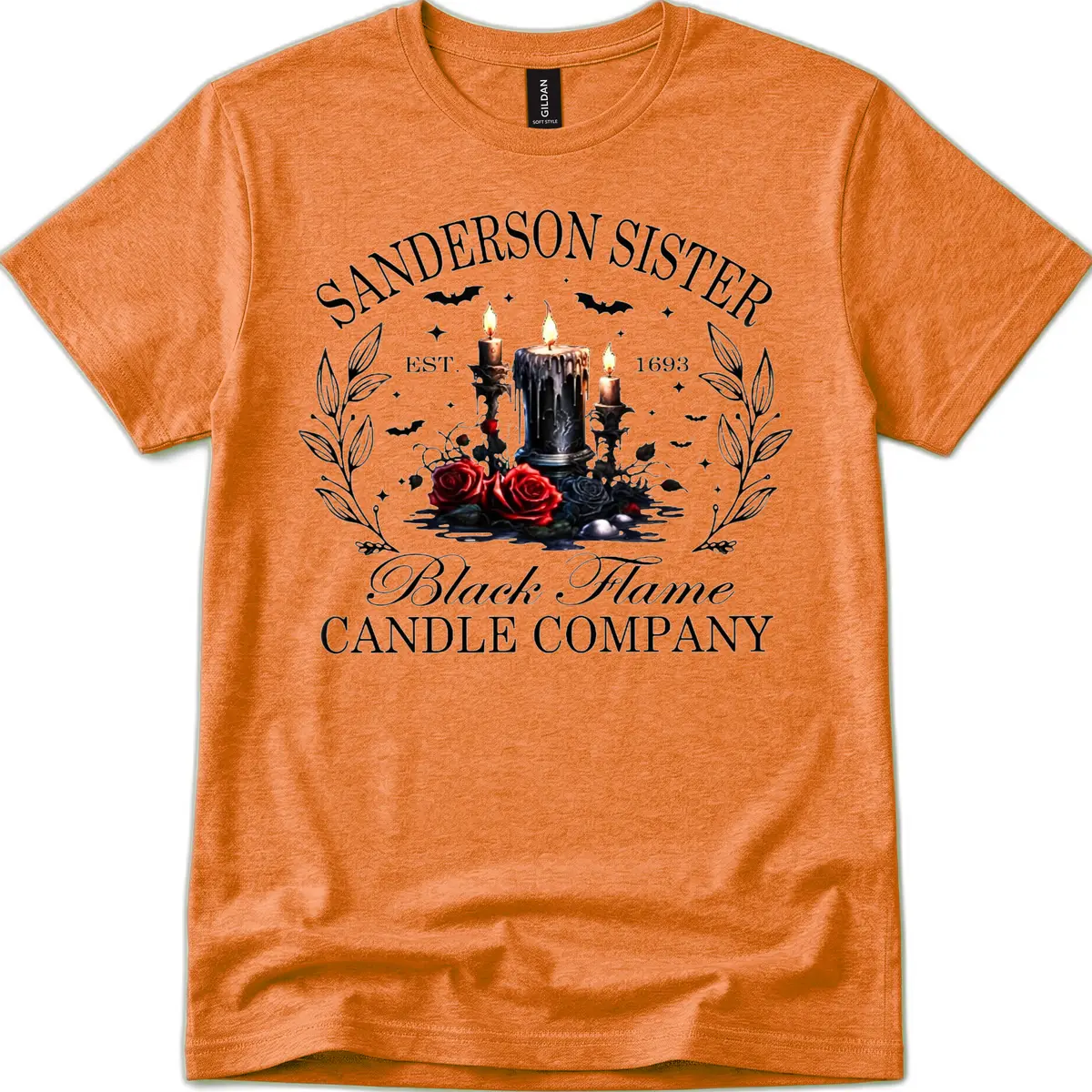 Sanderson Sister Black Flame Candle T-Shirt in Heather Orange