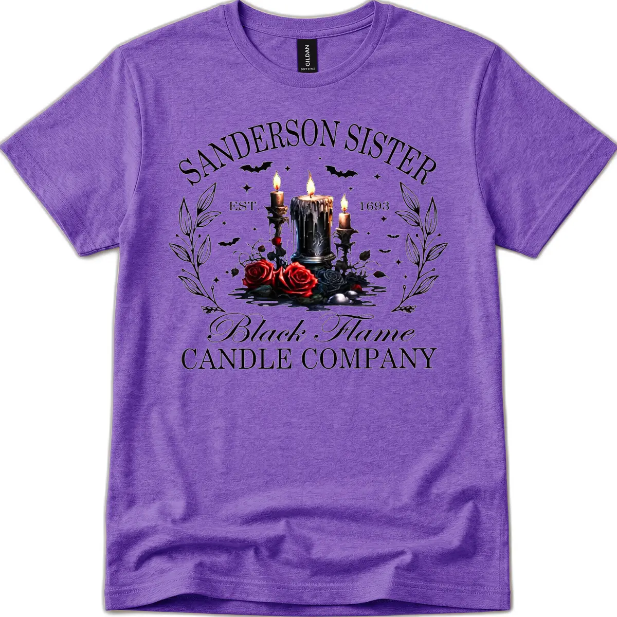Sanderson Sister Black Flame Candle T-Shirt in Heather Purple
