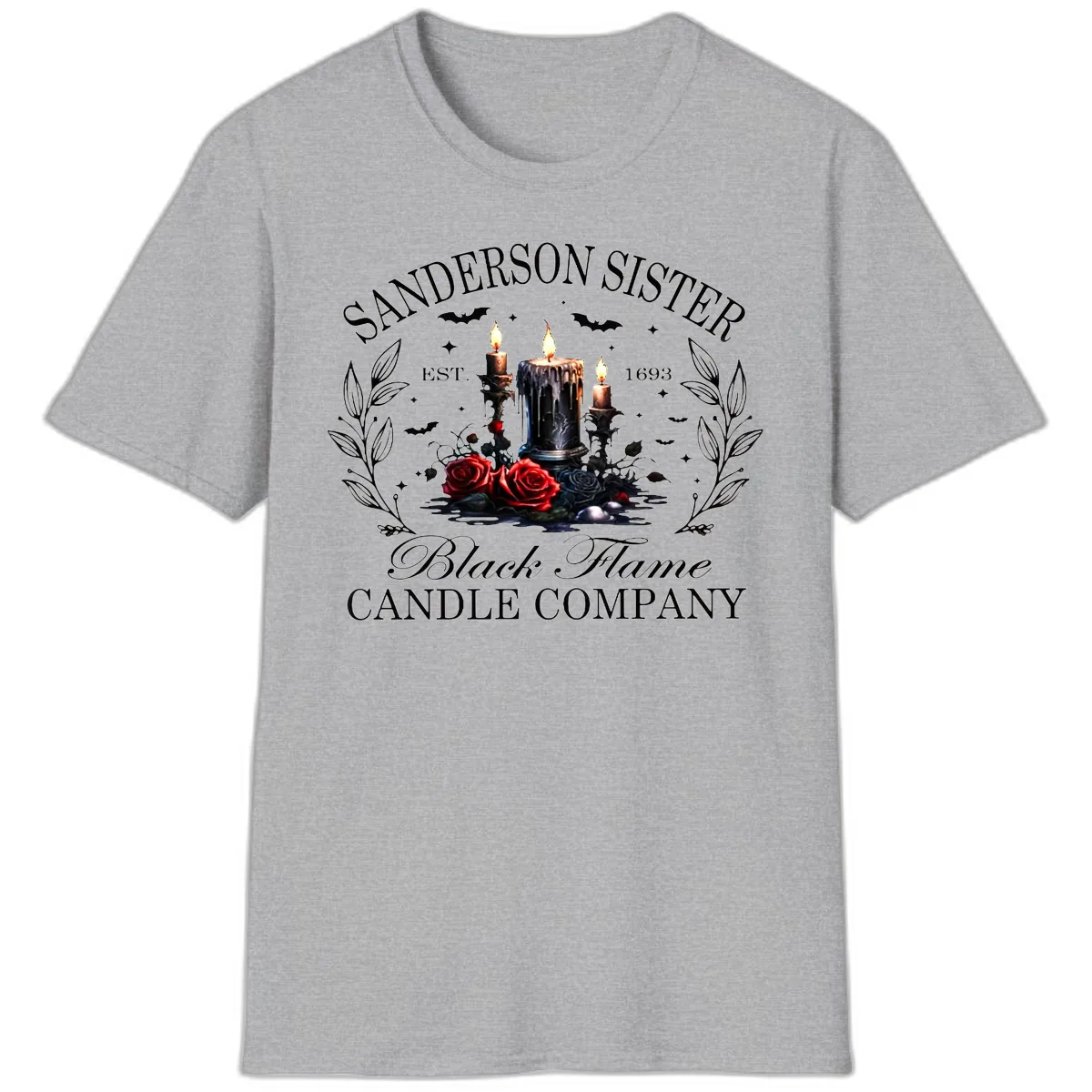 Sanderson Sister Black Flame Candle T-Shirt in Sport Grey
