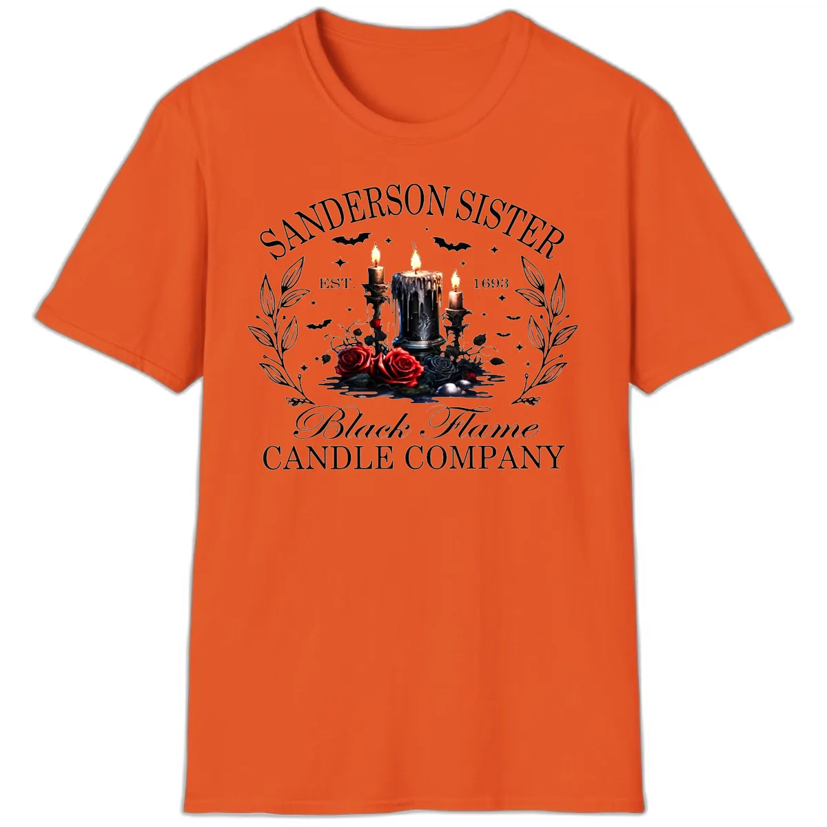 Sanderson Sister Black Flame Candle T-Shirt in Orange