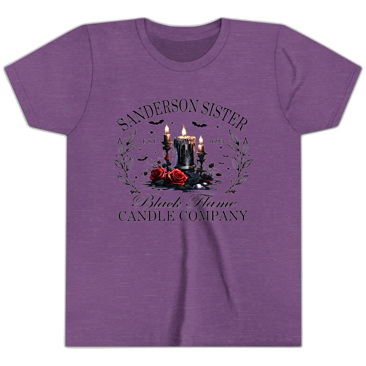 Sanderson Sister Black Flame Candle Youth T-Shirt in Heather Team Purple