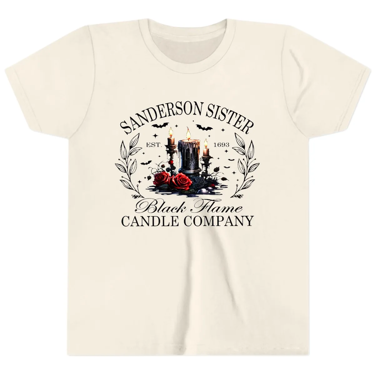 Sanderson Sister Black Flame Candle Youth T-Shirt in Natural
